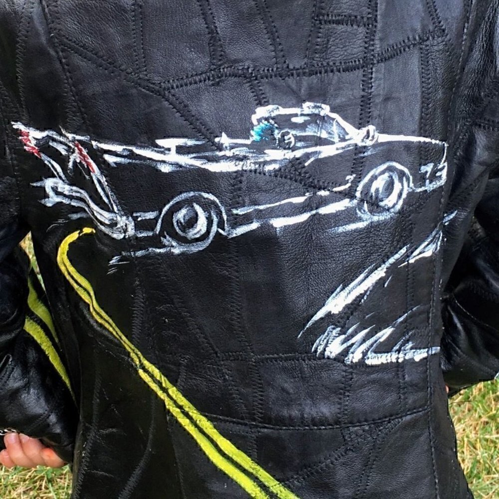Vintage kids black leather patch zip-up jacket, yellow and white hand painted 4T